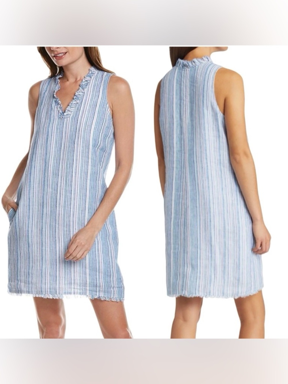 Tommy Bahama Presidio Point Blue Pink Stripe Linen Fringe Shift Dress Medium NWT